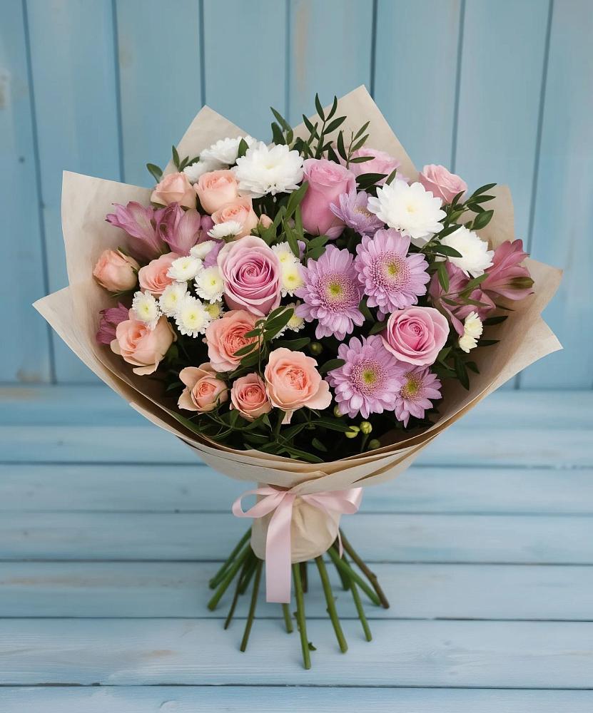 Букет цветов из: Хризантемы, Розы и Альстромерии в Ельники