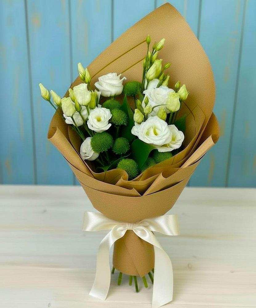 Букет цветов из: Хризантемы и Лизиантусы в Ельники