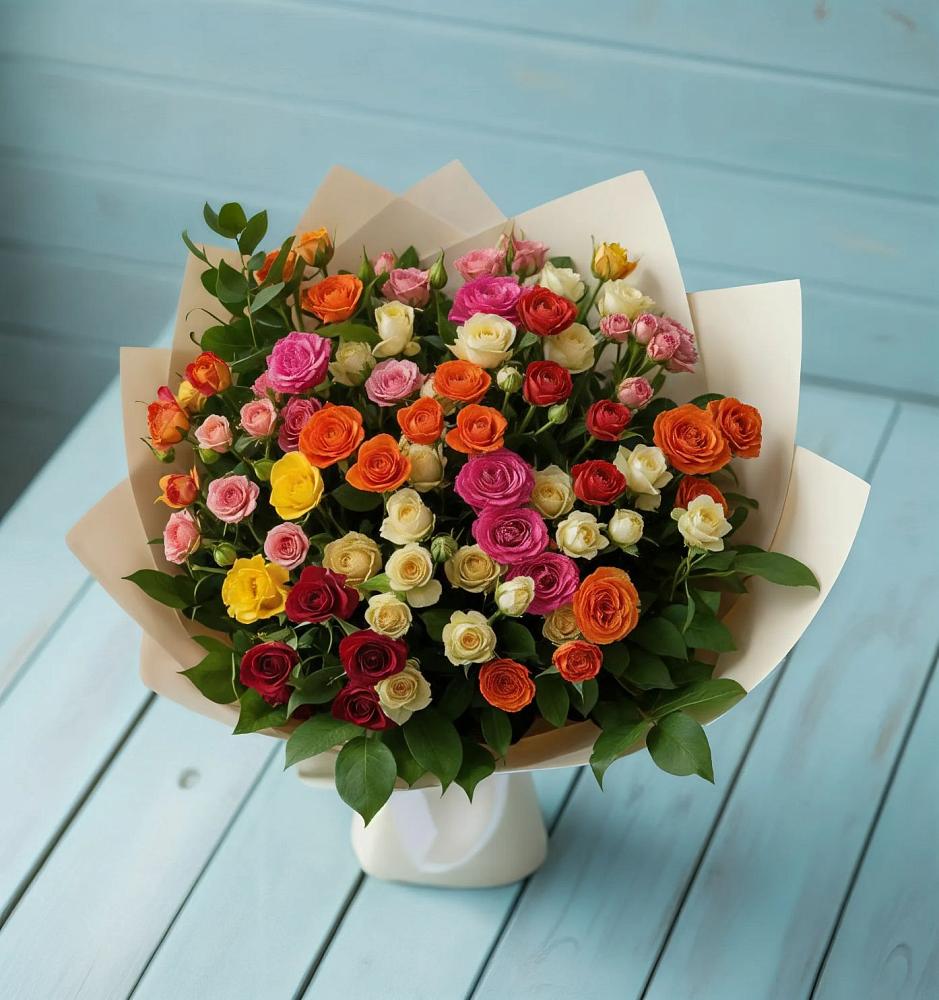 Букет Микс из разноцветных кустовых роз в Ельники