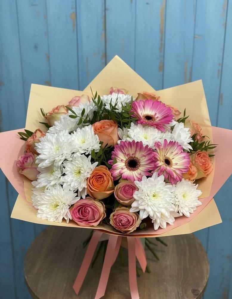 Букет цветов из: Розы, Герберы и Хризантемы в Ельники