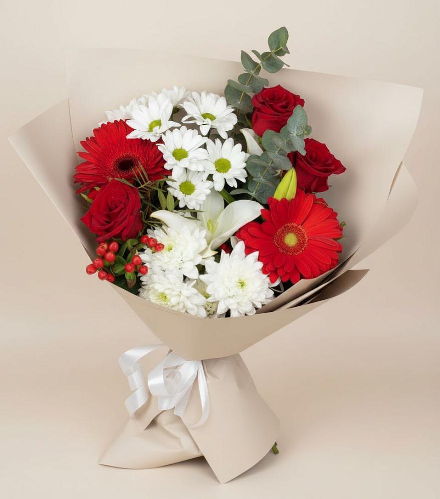 Букет цветов из: Розы, Хризантемы, Герберы и Лилии в Ельники