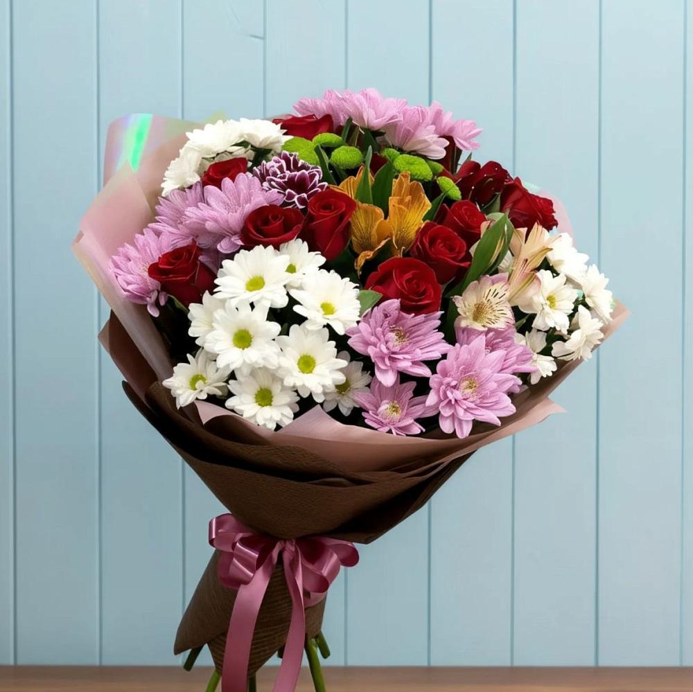 Букет цветов из: Розы, Хризантемы и Альстромерии в Ельники