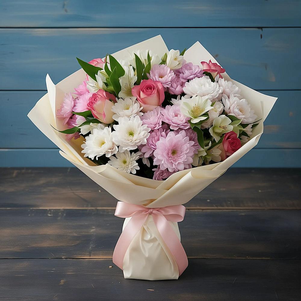 Букет цветов из: Хризантемы, Альстромерии и Розы в Ельники